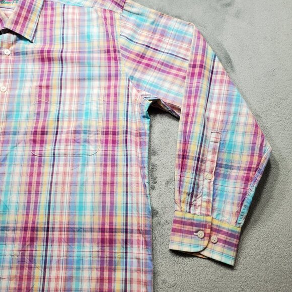 Alan Flusser Button Down Long Sleeve Plaid Shirt Yellow Purple Baby Blue Mn Sz L - Picture 5 of 10